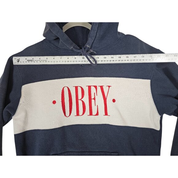 Obey Navy & Cream Hoodie With Red Logo Print Size Small - Picture 5 of 10